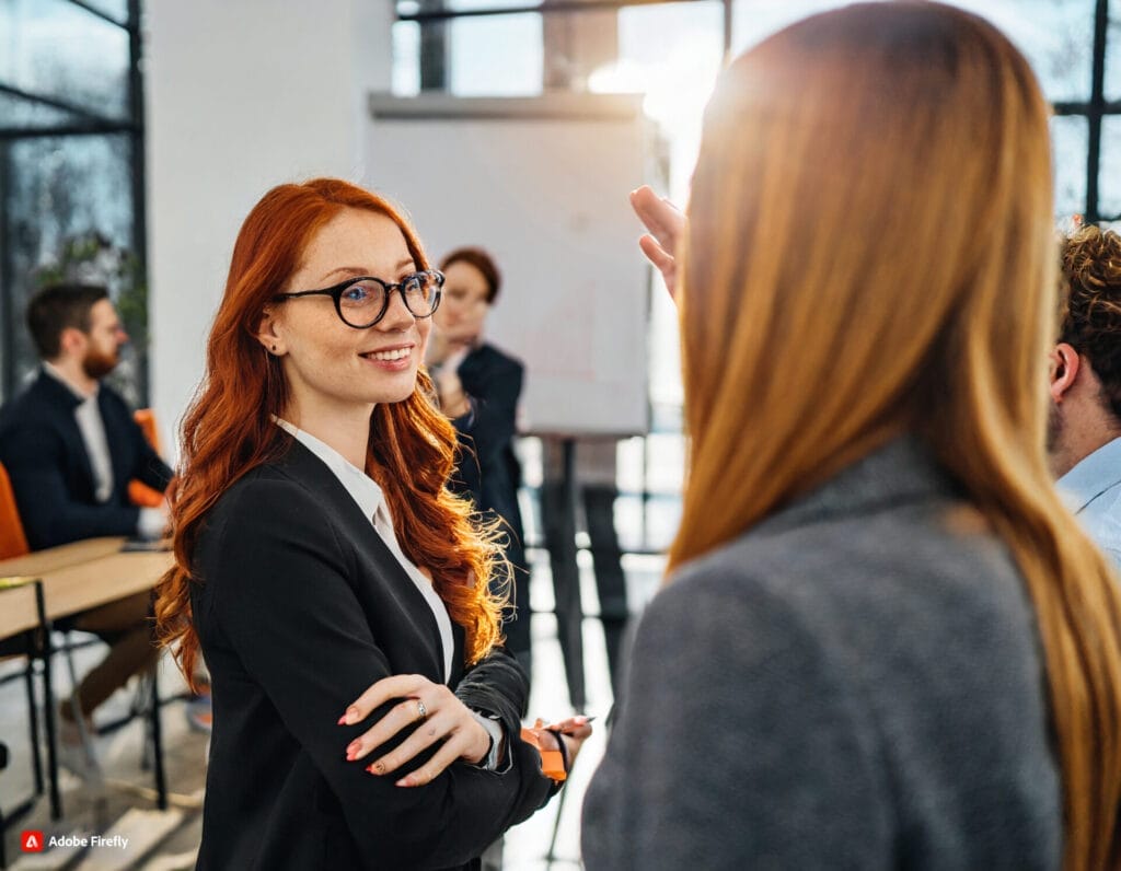 In this image, two professional women are depicted standing and actively engaging in a conversation. They exemplify the concept of 'How is active listening different from reflective listening' through their attentive and focused communication.