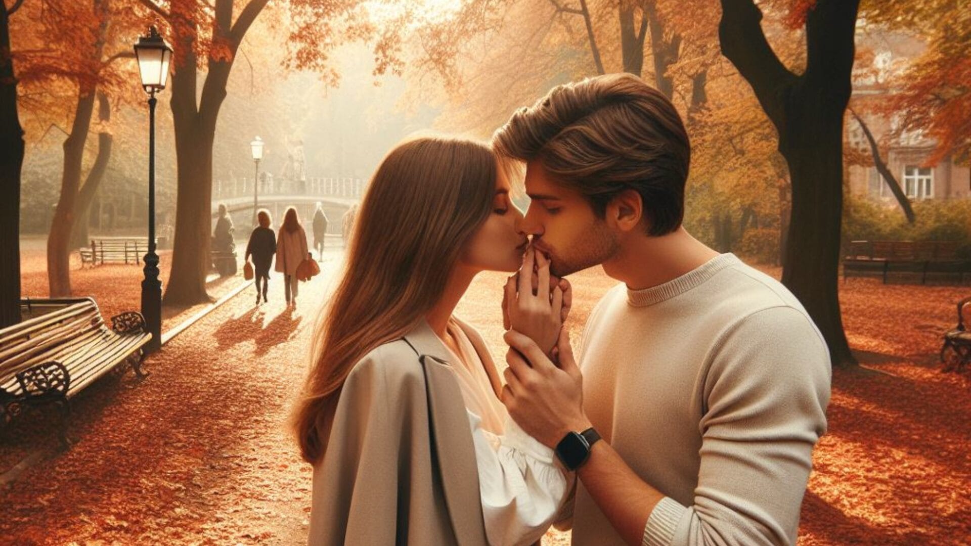A loving couple, 30-year-old boyfriend and 25-year-old girlfriend, share a romantic moment in a serene autumn park, as he tenderly kisses her hand during their midday stroll. What Does It Mean When Your Boyfriend Kisses Your Hand?