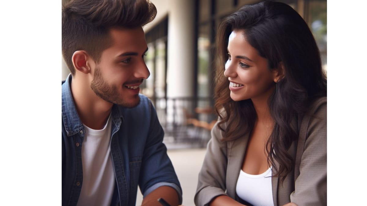 Two individuals engaged in a lively and animated small talk conversation, displaying positive body language and active listening. Improve your small talk skills with expert tips and practice.