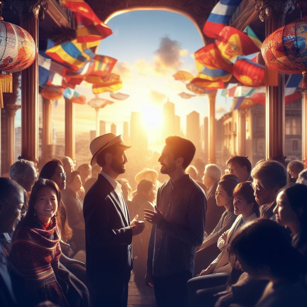 This captivating cinematic image portrays people from diverse cultures engaging in respectful and enriching small talk conversations. It fantastically illustrates the harmony that may be executed through the artwork of enhancing small speak abilities, promoting information, and celebrating the wealthy tapestry of humanity.
