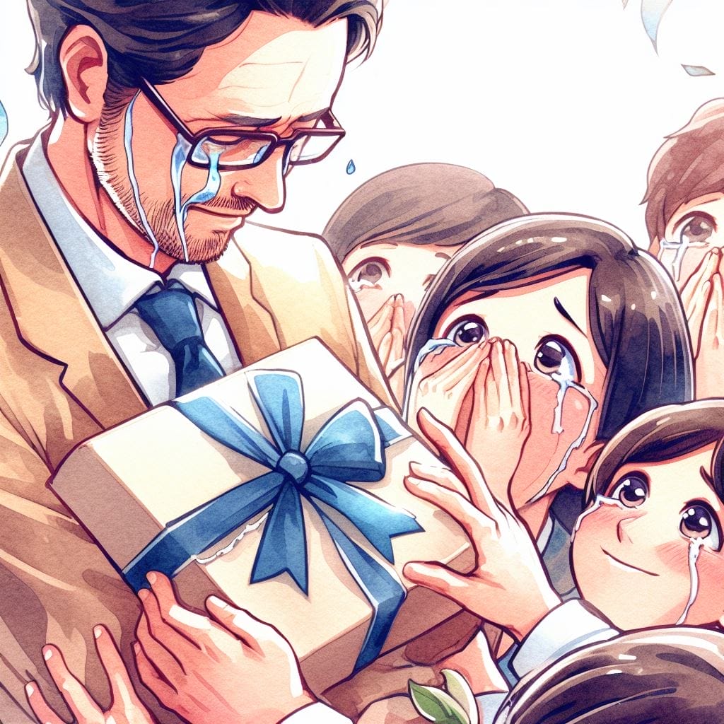 The principal's eyes welling up with tears as they receive a heartfelt gift from students during a farewell event, portrayed in a touching, watercolor art style, reflecting how do you thank the principal in farewell.