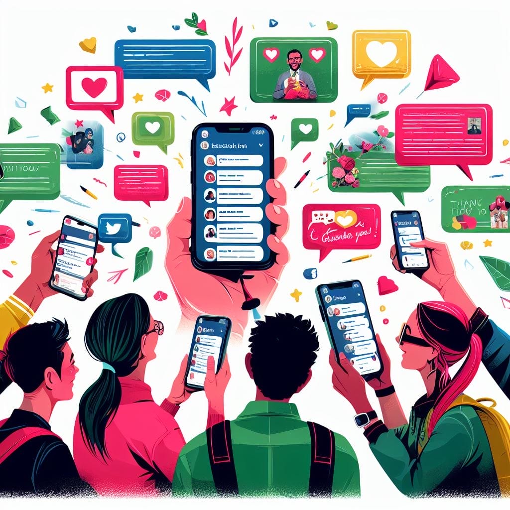 A digital illustration of students using their smartphones to post heartfelt messages of gratitude for their teachers on various social media platforms, set in a modern, colorful, and digitally inspired art style, showcasing how do you thank the principal in farewell.