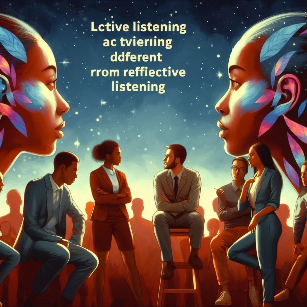 Within a vibrant abstract world, two individuals practice empathetic listening under a neon rain. The Impressionist style of the image beautifully captures the profound depth of their understanding as they engage in meaningful dialogue, exemplifying the essence of 'How is active listening different from reflective listening'.