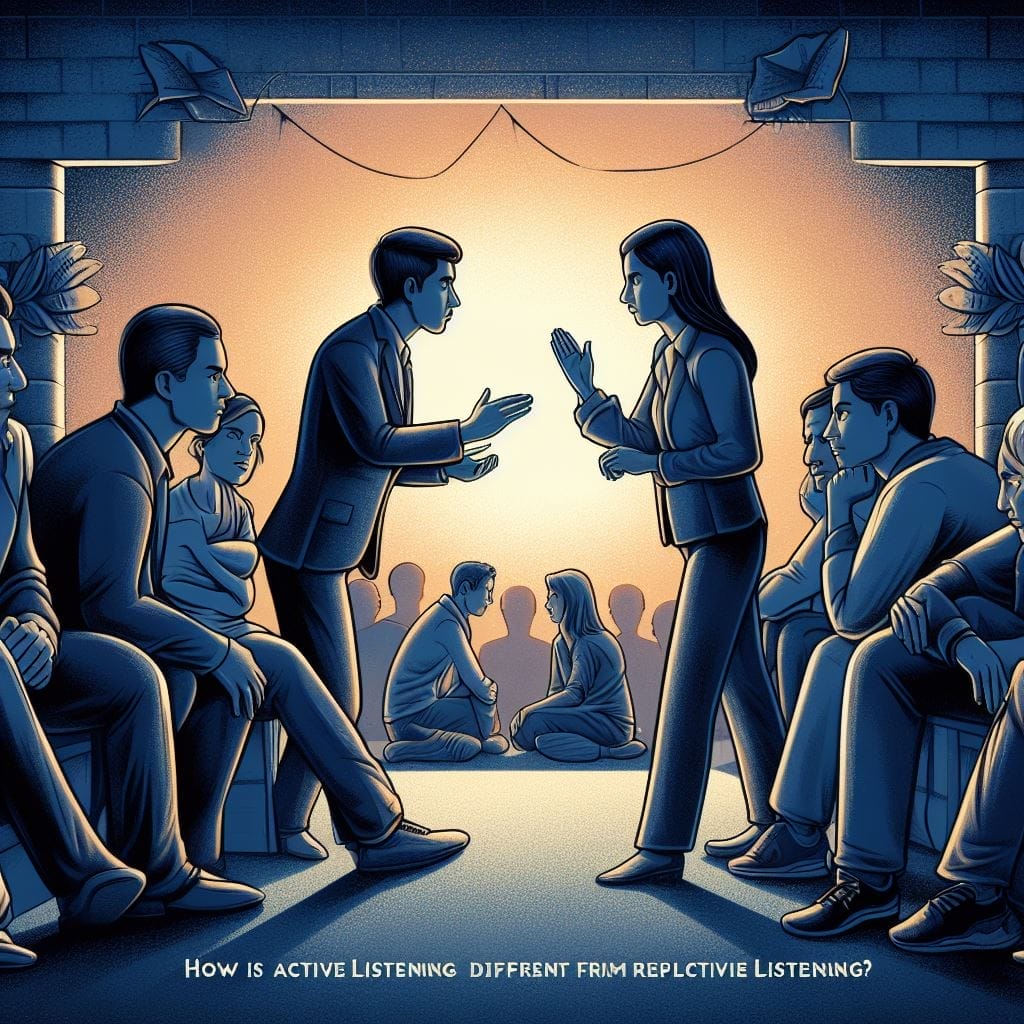 This captivating image tells the story of conflict resolution through active listening. In the visual narrative, we see individuals coming together in a harmonious exchange, their attentive expressions and gestures reflecting the power of active listening to mend differences. This scene vividly demonstrates 'How is active listening different from reflective listening'.