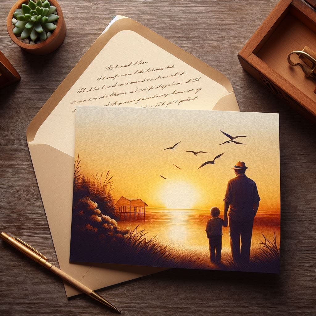An emotionally charged picture depicting a heartfelt farewell letter to a cherished father-in-law, masterfully rendered practically. This touching second's emotional connection is strengthened through the tranquil environment, which exude calm and quiet.
