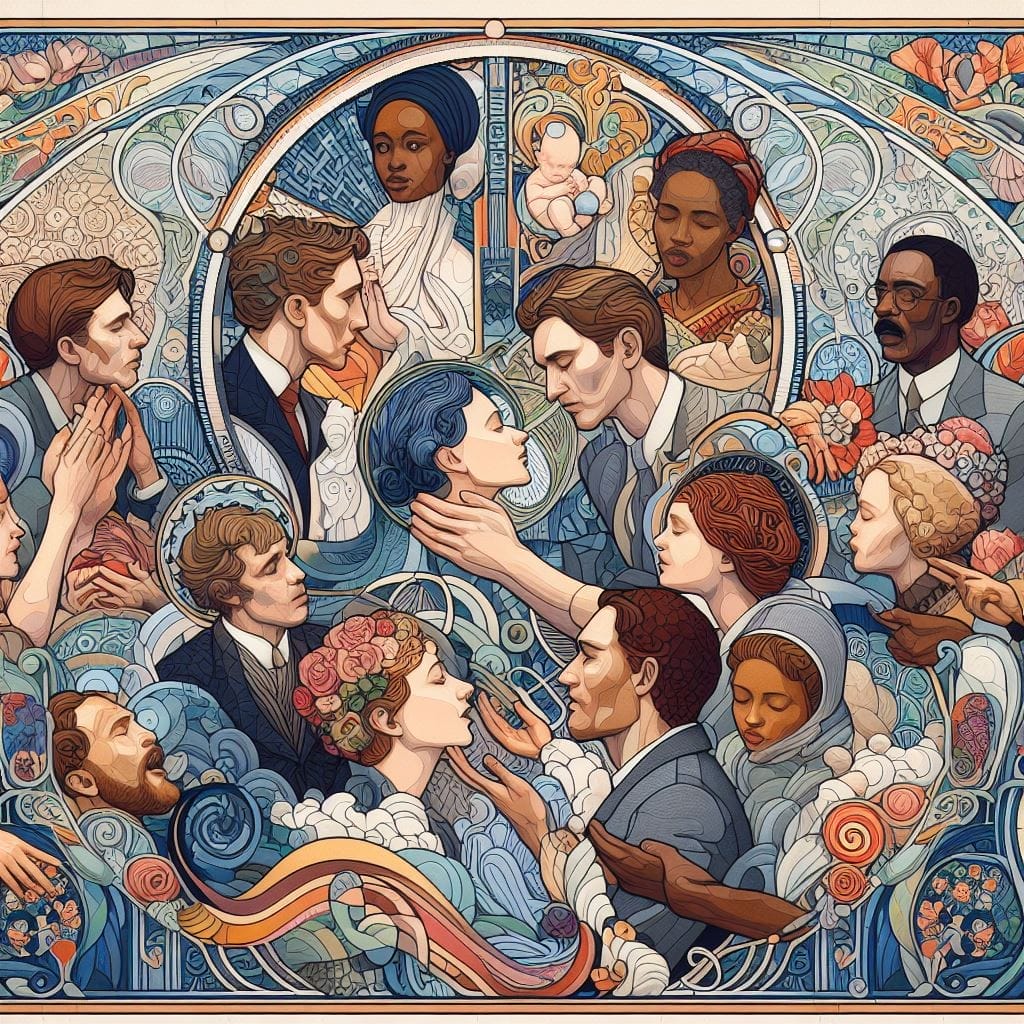 Art Nouveau Depiction of 'What Are the Differences Between Empathy and Sympathy' in a Diverse Group Sharing Emotions