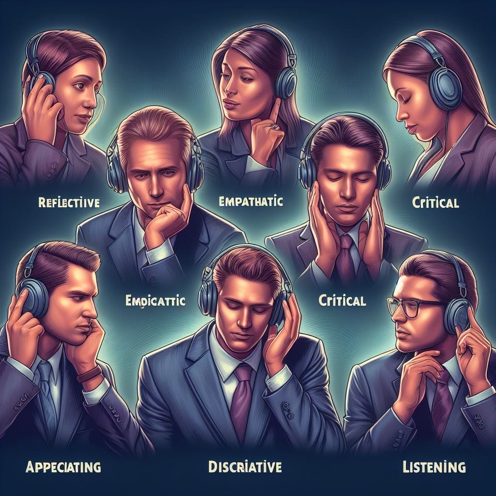 This image elegantly captures the complexity and artistry of active listening. It features individuals engaged in various forms of listening, embodying reflective, empathetic, critical, appreciative, and discriminative listening styles. Each person in the image is fully engrossed, underscoring the significance of these diverse listening skills in fostering effective communication and deep understanding. This visual representation beautifully complements the topic of "What are the Different Types of Active Listening," illustrating how these styles are put into practice in real-life scenarios.
