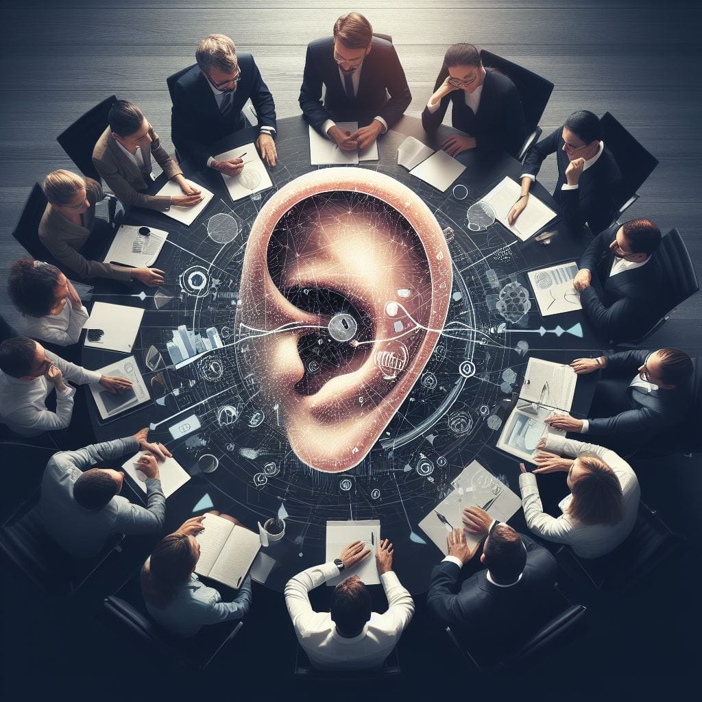 This image provides a visual depiction of a cohesive workplace team actively involved in attentive listening and collaborative efforts. It showcases the team's dedication to effective communication, emphasizing the essential role of active listening in achieving success through collaboration. The image underlines the significance of teamwork and the art of listening in a professional setting.