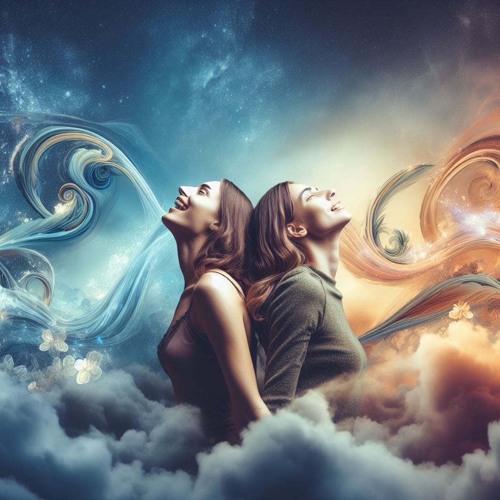 Two inseparable friends, embodying the essence of what do you call a friend who is like a sister, share a blissful and heartfelt moment against a surreal, dreamlike backdrop. Their unbreakable friendship radiates warmth and affection in this beautiful image.