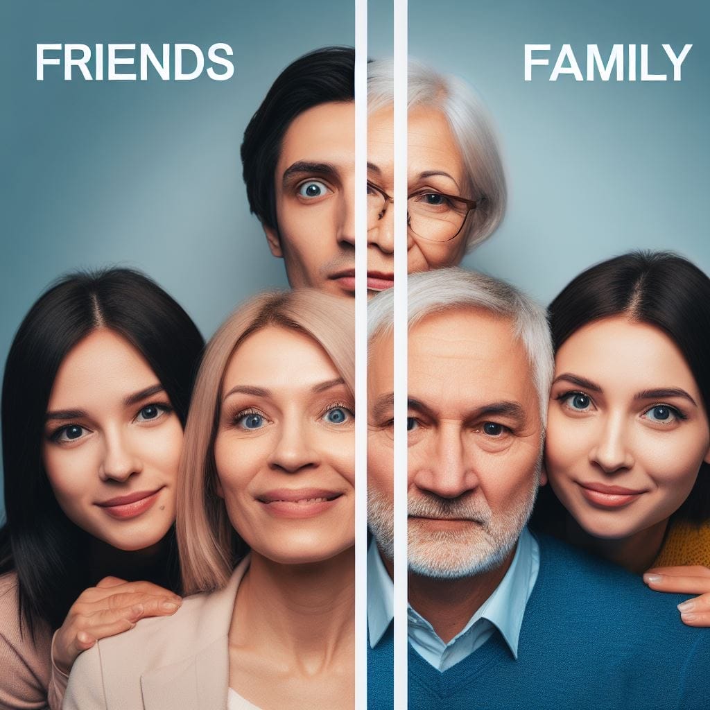 A captivating split-image effectively illustrates the 'friends vs. family' comparison. On one side, friends who are like sisters share a close bond, while on the other, a beloved family member stands beside them. This image beautifully contrasts the special connection that answers the question: 'what do you call a friend who is like a sister?