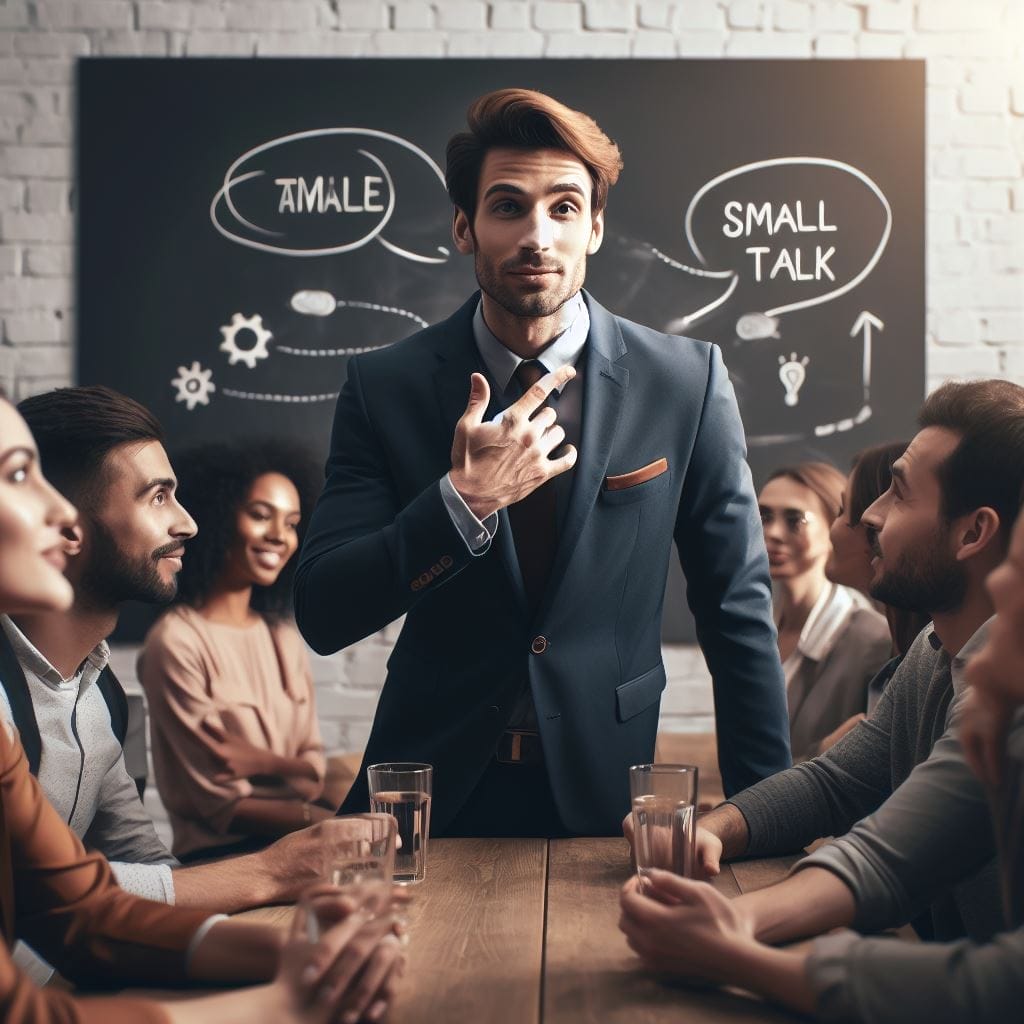 A confident individual engaging in small talk at a social event, emphasizing the importance of small talk skills for successful interactions.