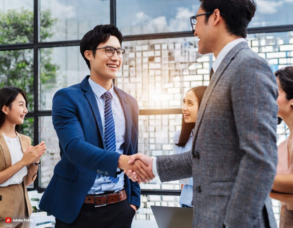 This image visually represents a successful business deal initiated through small talk, illustrating the significant role of small talk skills in forging professional relationships and partnerships.