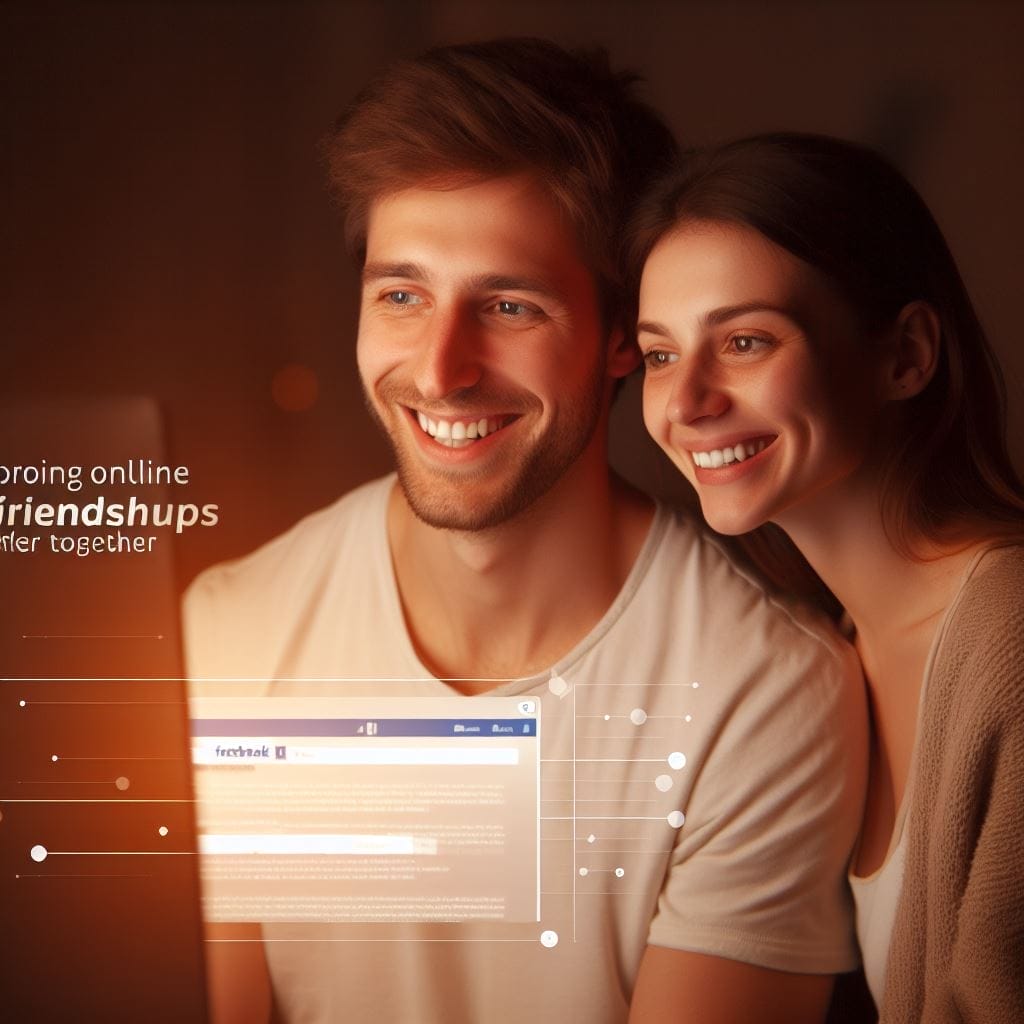 In this heartwarming image, a joyful couple is seated side by side, both wearing contented smiles as they gaze at a computer screen displaying Facebook. The glow from the screen envelops their faces, casting a warm and inviting ambiance. The text overlay reads 'Exploring Online Friendships Together.' This image beautifully illustrates a couple enjoying quality time on Facebook, sparking the question 'why does my boyfriend add my friends on Facebook?