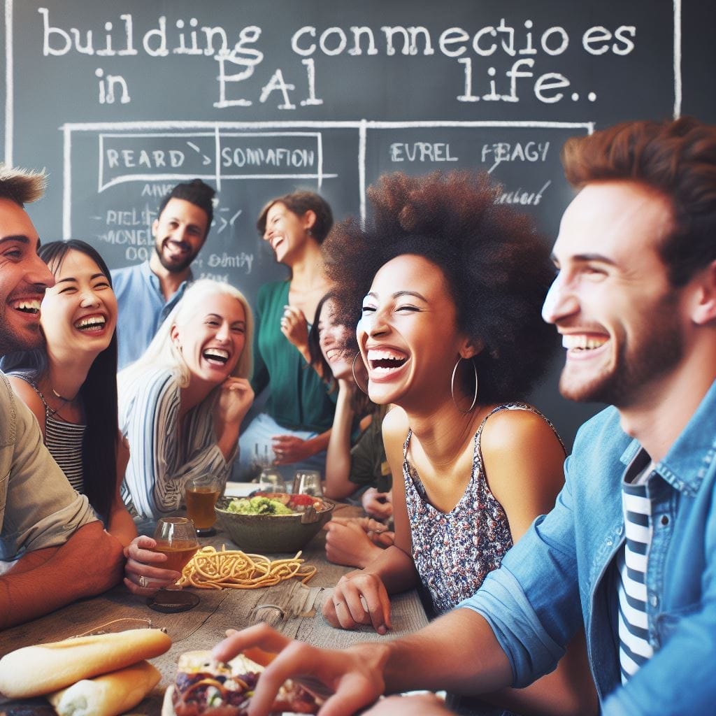 In this heartwarming image, a diverse group of friends from various backgrounds gathers at a social event, sharing laughter and engaging in animated conversations. Overlay text reads 'Building Connections in Real Life.' This picture beautifully captures the essence of forging real-life connections, highlighting the value of face-to-face relationships and encouraging reflections on 'why does my boyfriend add my friends on Facebook?