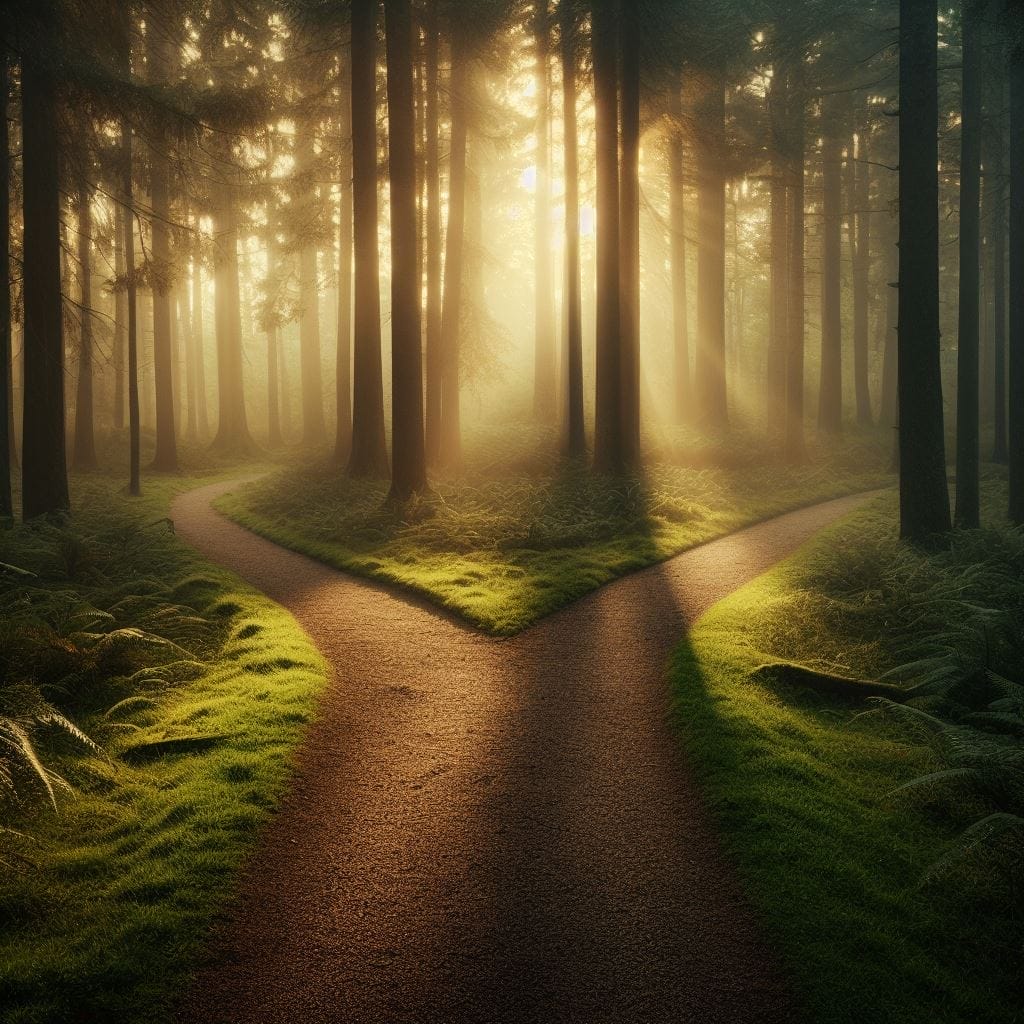 A captivating photograph showcasing a forest path with two diverging trails, accentuating the metaphorical crossroads one encounters when contemplating the decision to accept someone who previously rejected them. The image prompts reflection on the question, "Should I accept a girl who rejected me?