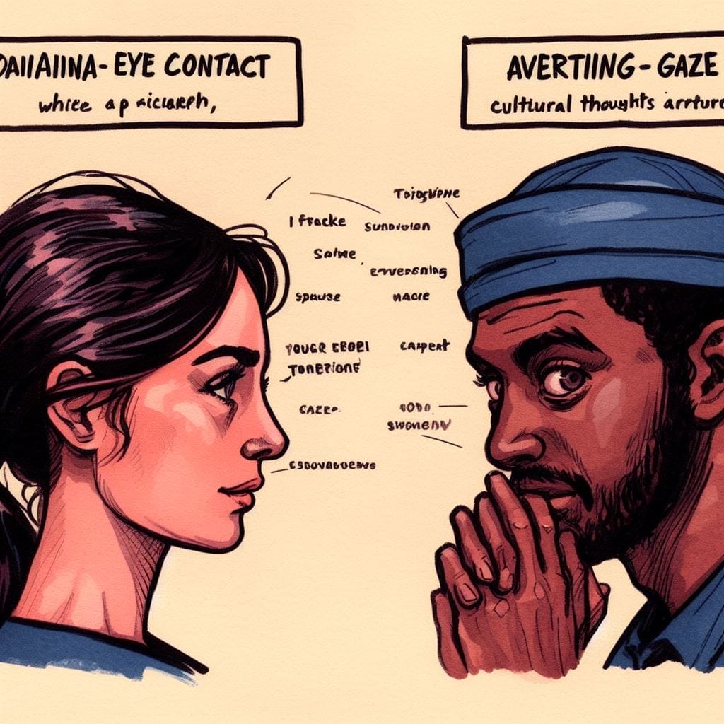 Presenting a visual contrast between two individuals—one confidently maintaining eye contact while speaking, and another averting gaze. Highlighting the cultural influences on eye contact, this image explores the potential thoughts arising from diverse interpretations. Can Body Language Be Misinterpreted? This visual comparison underscores the cultural nuances in non-verbal communication and the varied perceptions that can arise.
