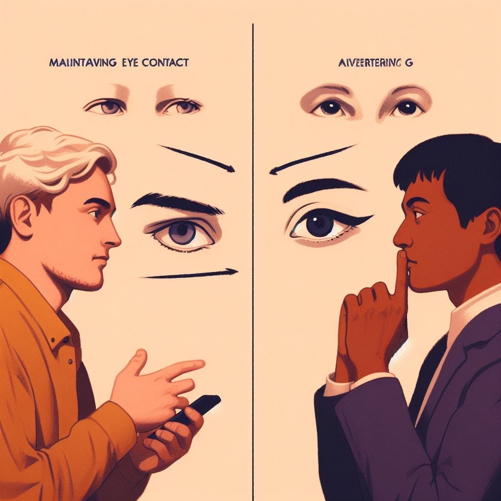 Visual contrast: One person maintains firm eye contact while speaking, while the other averts eyes. Explore potential thoughts arising from varied interpretations of eye contact, emphasizing the cultural impacts on this non-verbal cue. Can Body Language Be Misinterpreted? This image highlights the possibility of misinterpreting body language by showcasing cultural differences in nonverbal communication and the diverse perspectives that can emerge.