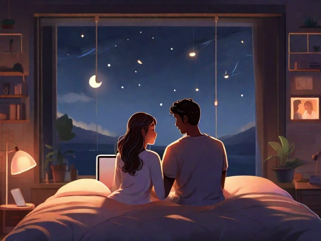 "Innovative depiction of a couple on bed, contemplating the question: Should couples say goodnight every night ? The image portrays both individuals asking each other goodnight.