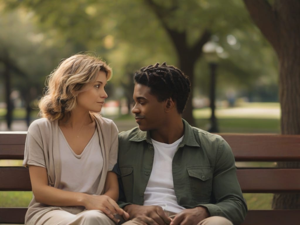 Couple on a park bench, sharing a quiet, empathetic moment with meaningful eye contact. Can a relationship survive without empathy?