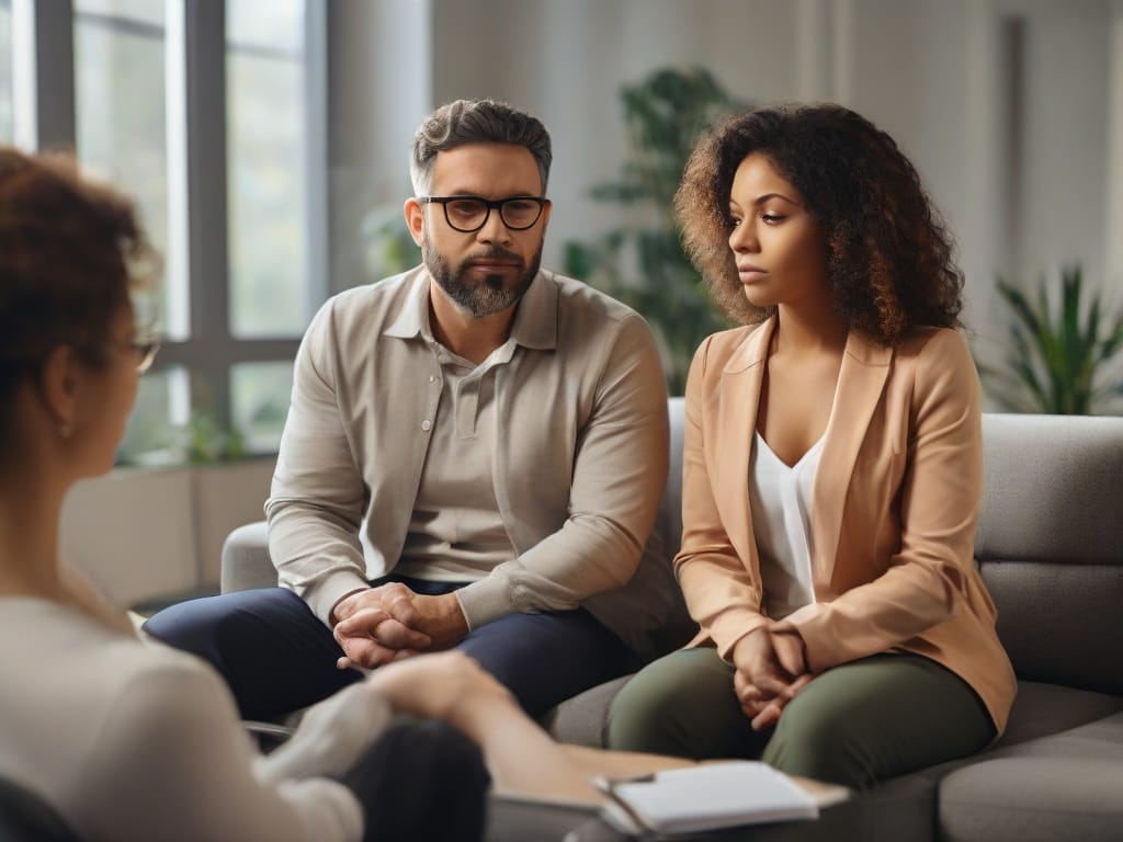 Couple comfortably seated in a therapy session, highlighting the importance of seeking professional help to navigate relationship challenges. Can a relationship survive without empathy?