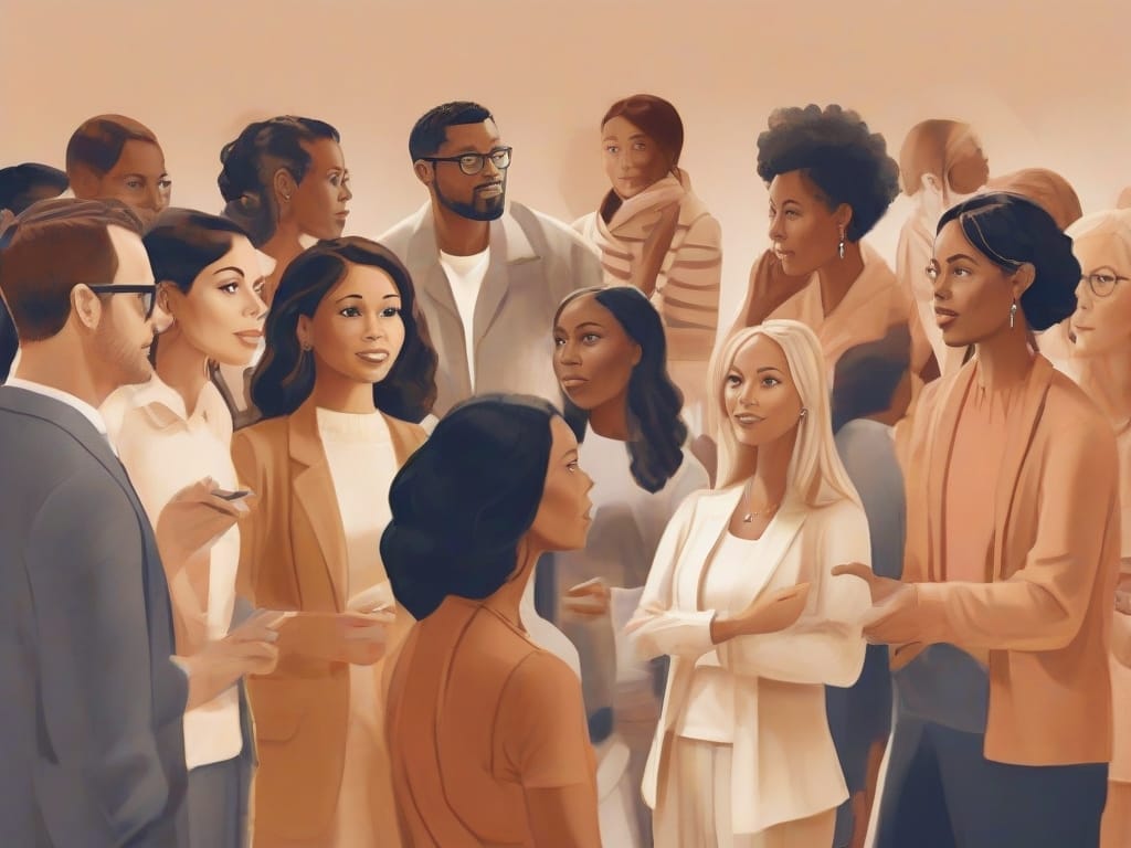A captivating artistic representation showcasing a diverse group deeply engrossed in silent conversation, sparking the thought: Can body language truly be accurately interpreted?