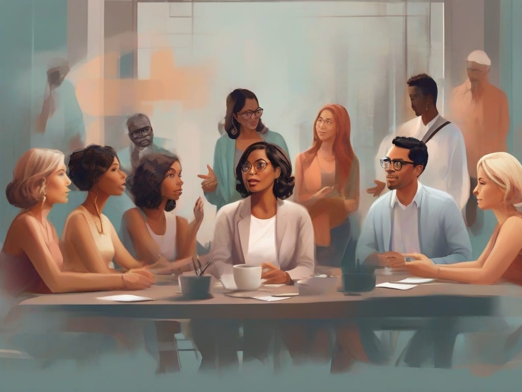 A captivating artistic depiction featuring a diverse group engrossed in silent conversation, prompting the question: Can body language be accurately interpreted?