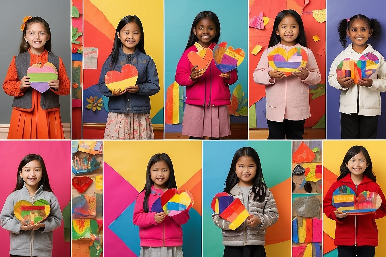 Elementary students engage in cultural awareness activities, showcasing pride in diverse backgrounds during a vibrant Show and Tell session with colorful collage displays.
