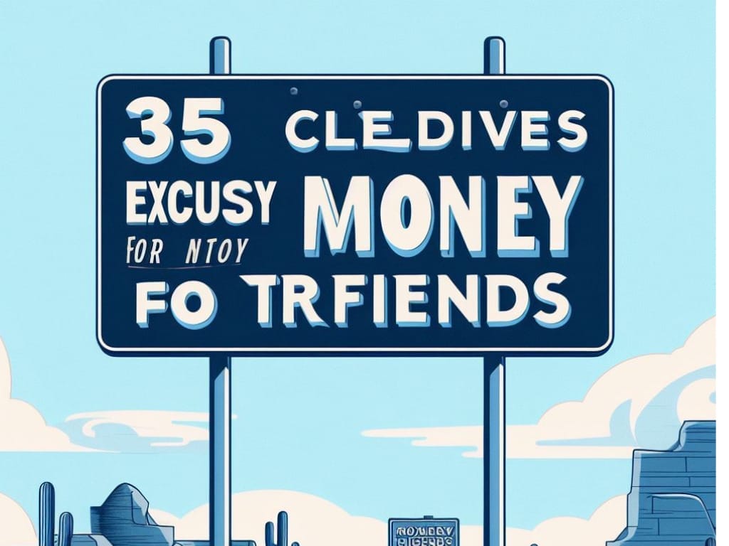 Animated GIF of a road sign with the text '7 Clever Excuses for Not Giving Money to Friends' scrolling across a journey-like background, enticing readers to explore the content