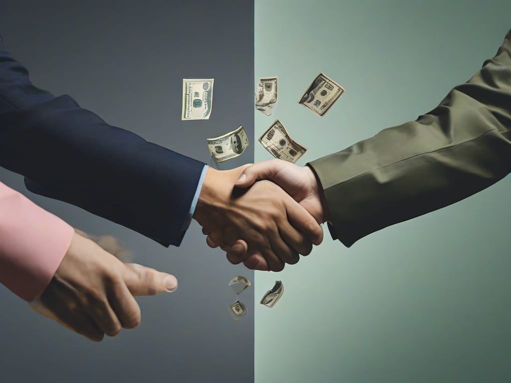 On one side, a handshake symbolizing friendship; on the other, a crossed-out dollar sign representing setting financial boundaries - ideal for 'good excuses for not giving money to friends.'