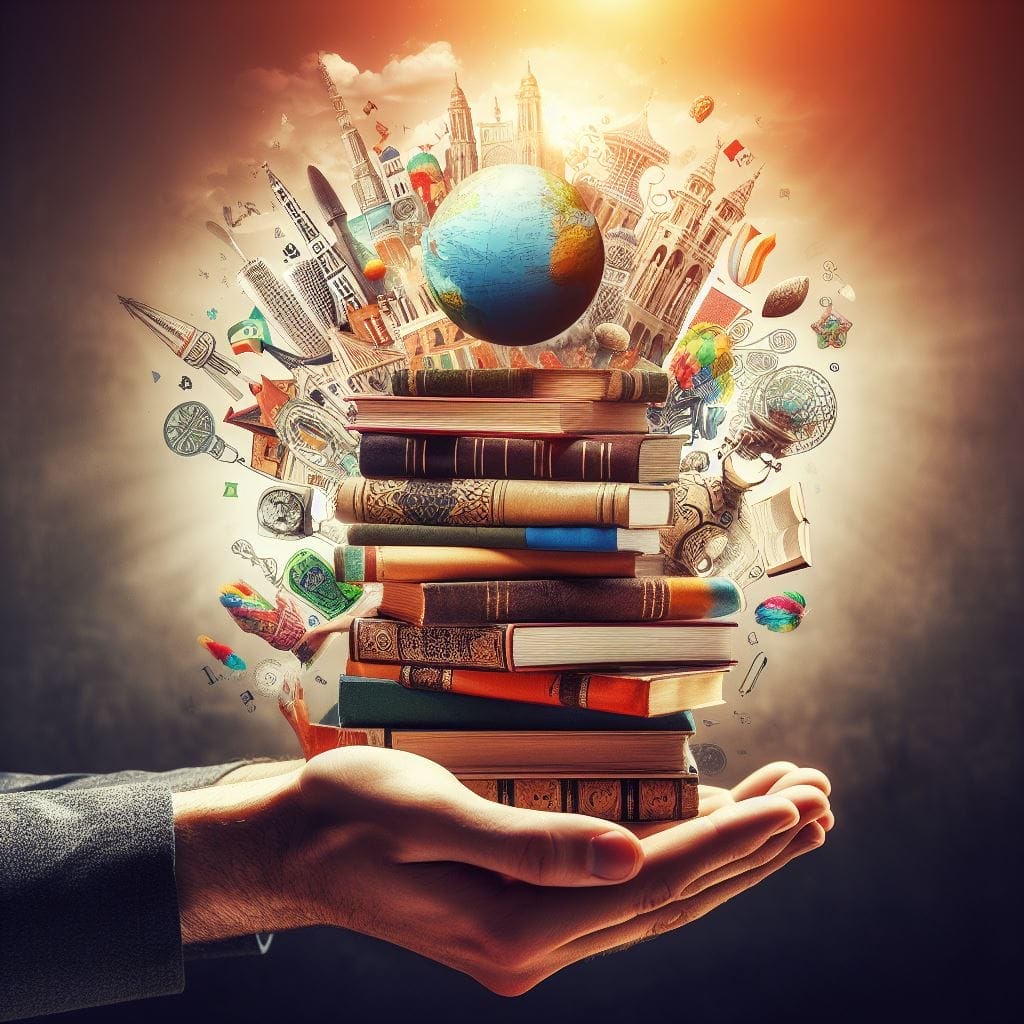 A compelling image of hands maintaining a stack of books from numerous cultures, illustrating the power of education as a tool for knowledge and appreciating variety, answering the question of 'how can I enhance my cultural attention.'
