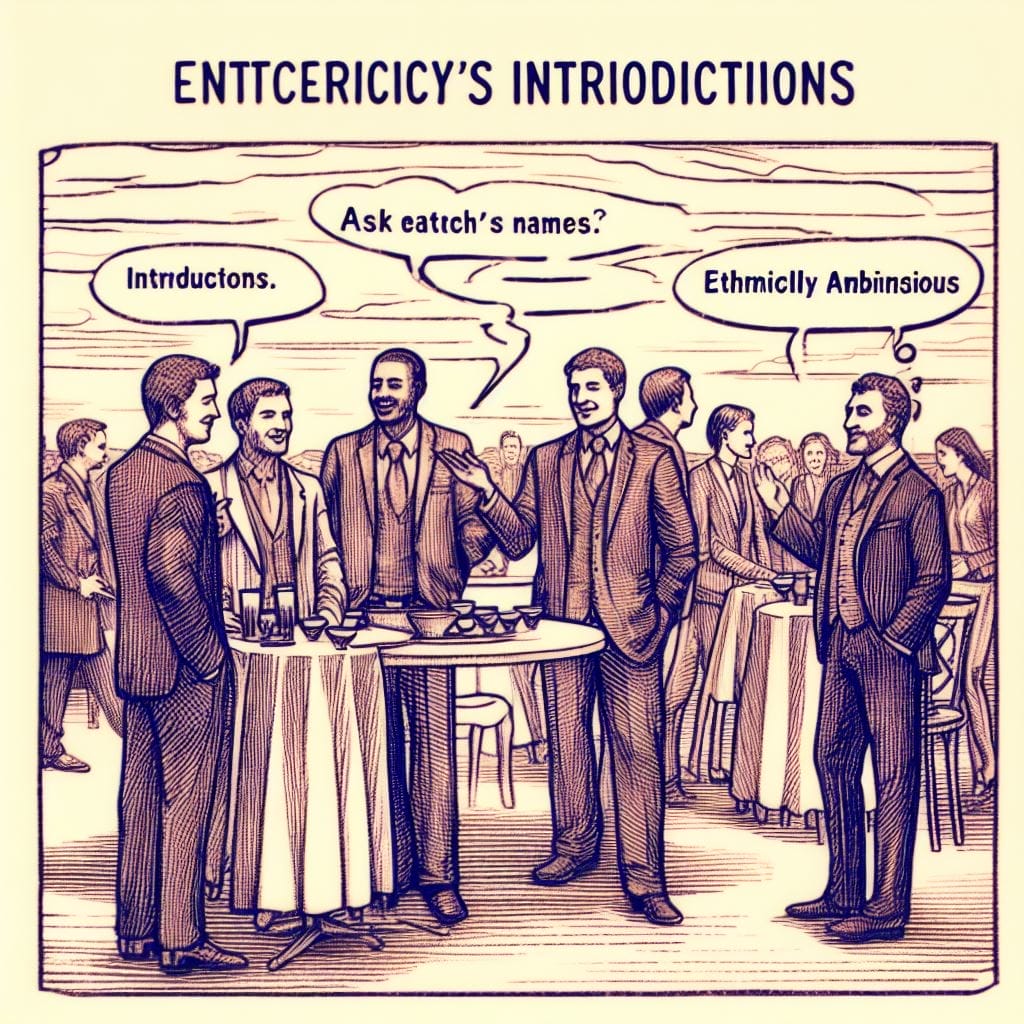 A candid snapshot from a social event, depicting men initiating conversations by asking each other's names. Dive into the versatile art of introductions, fostering connections beyond formal settings. Discover how to respond when someone asks your name in this insightful image capturing the essence of genuine connections.