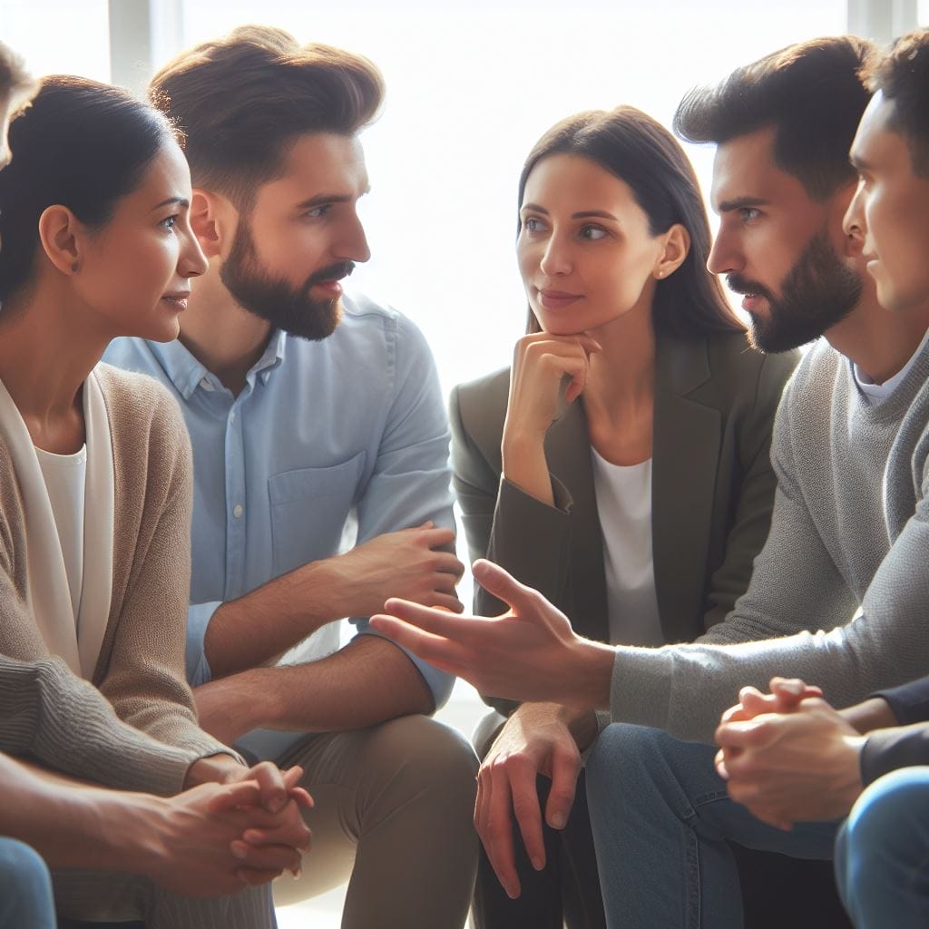 A diverse group engrossed in conversation, leaning in, making eye contact, and displaying attentive body language. This image highlights a spectrum of active listening skills, showcasing the power of attentive communication to reduce misunderstandings.