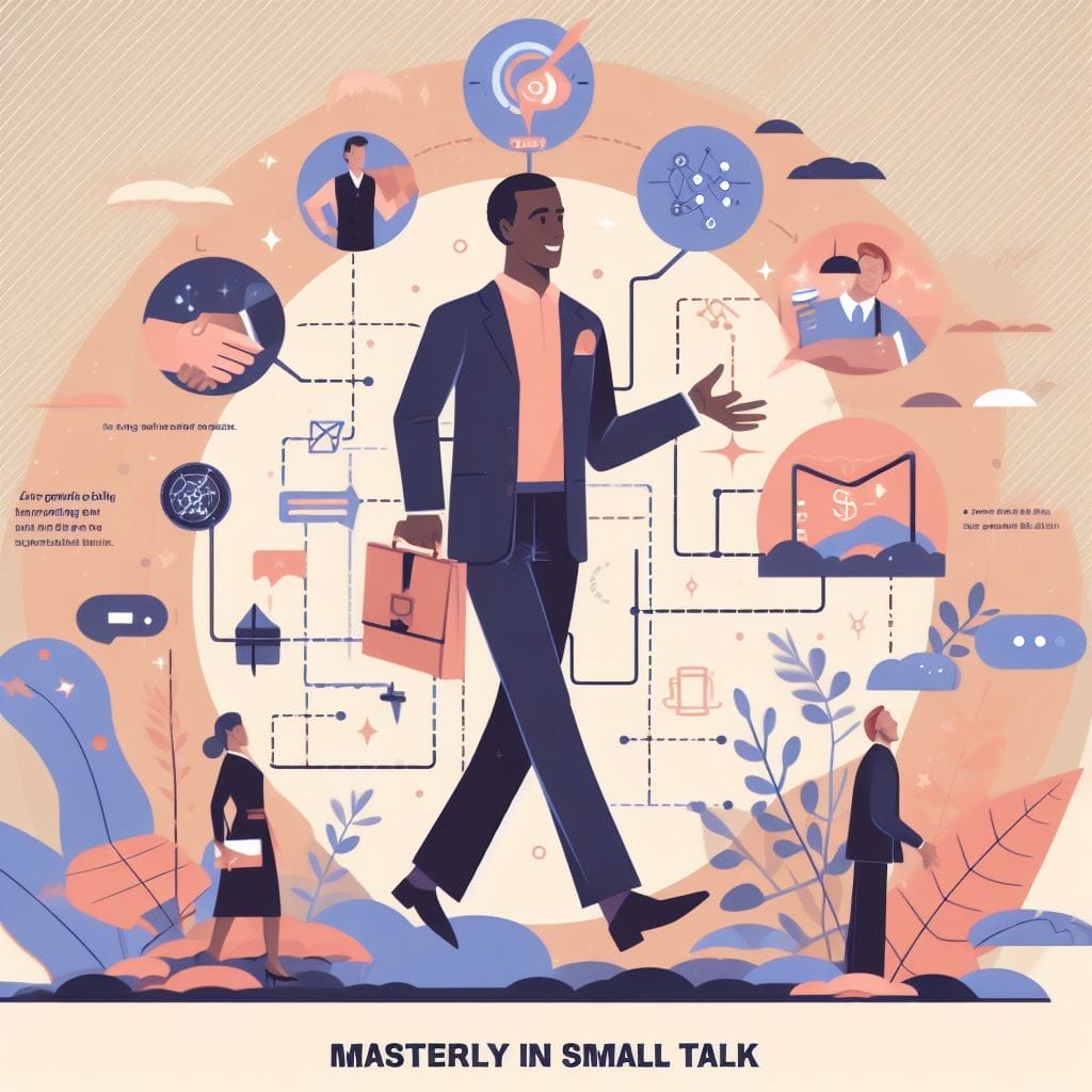 A self-assured individual excelling in small talk, seamlessly moving through diverse social situations. Developing the conversational skills depicted in this image, which mirror the abilities outlined in the detailed guide on how to do small talk with strangers.