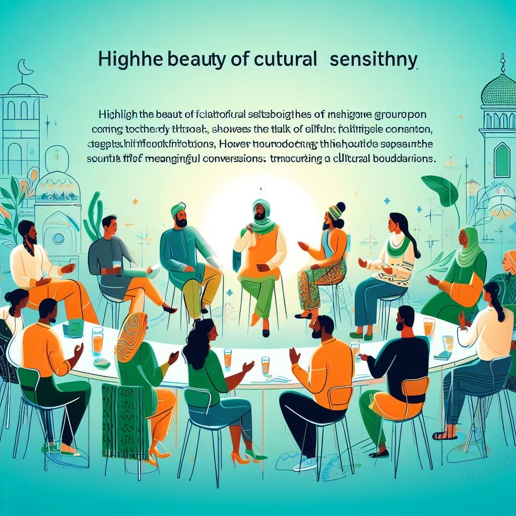 A vibrant image portraying individuals from diverse cultural backgrounds engaged in a lively discussion through small talk. Capturing the beauty of cultural sensitivity, this picture exemplifies a group coming together, showcasing the richness of different backgrounds and the inclusive nature of meaningful conversations that transcend cultural boundaries.
