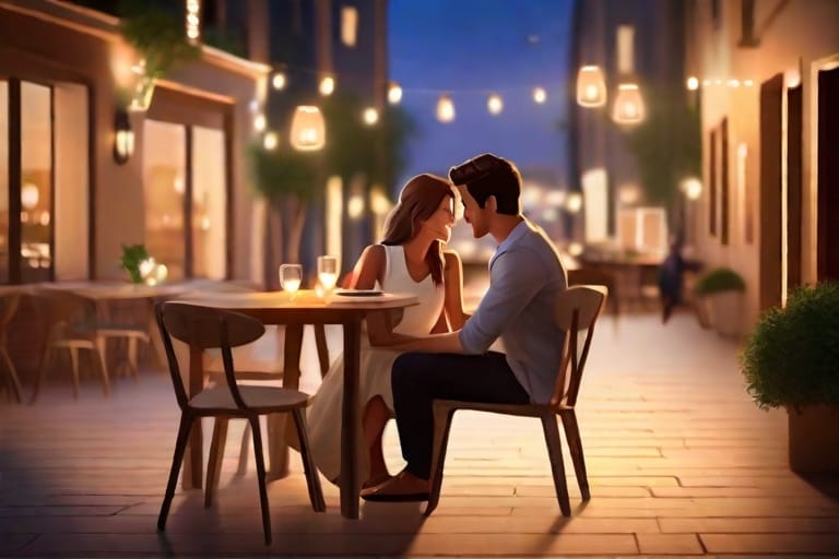 Young couple in a cozy setting, bathed in warm lighting, sharing an intimate evening conversation. Learn the art of small talk for deeper emotional connections with your girlfriend.