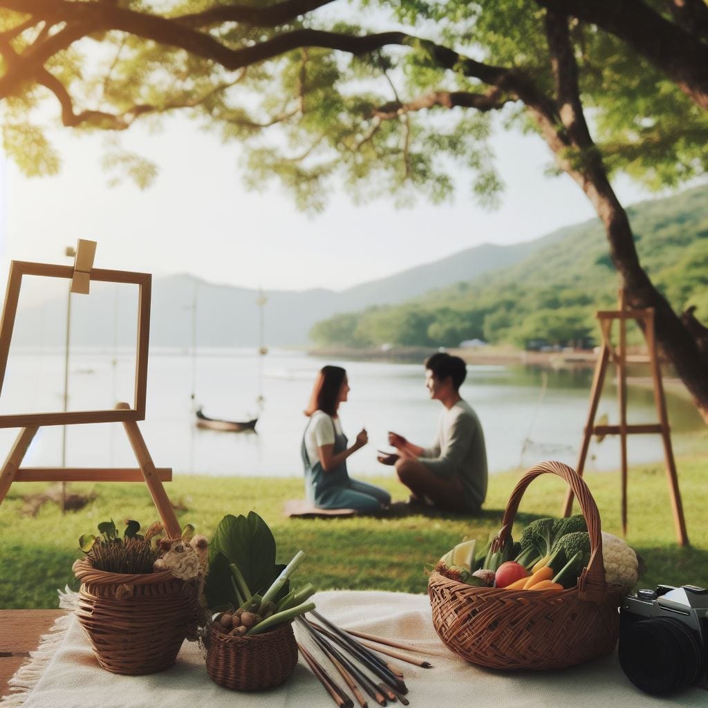 A couple, surrounded by using nature's beauty, perfecting the artwork as a way to make small communication with a female friend, exchanging phrases amidst the tranquility of a park or seaside placing.
