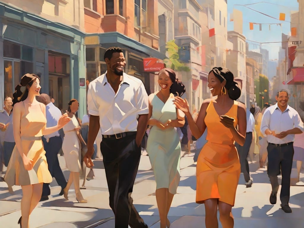 Lively street scene with people immersed in animated conversations, depicted with abstract expressionism, showcasing the dynamic energy of human connection - explore how to respond when someone tells you their name.