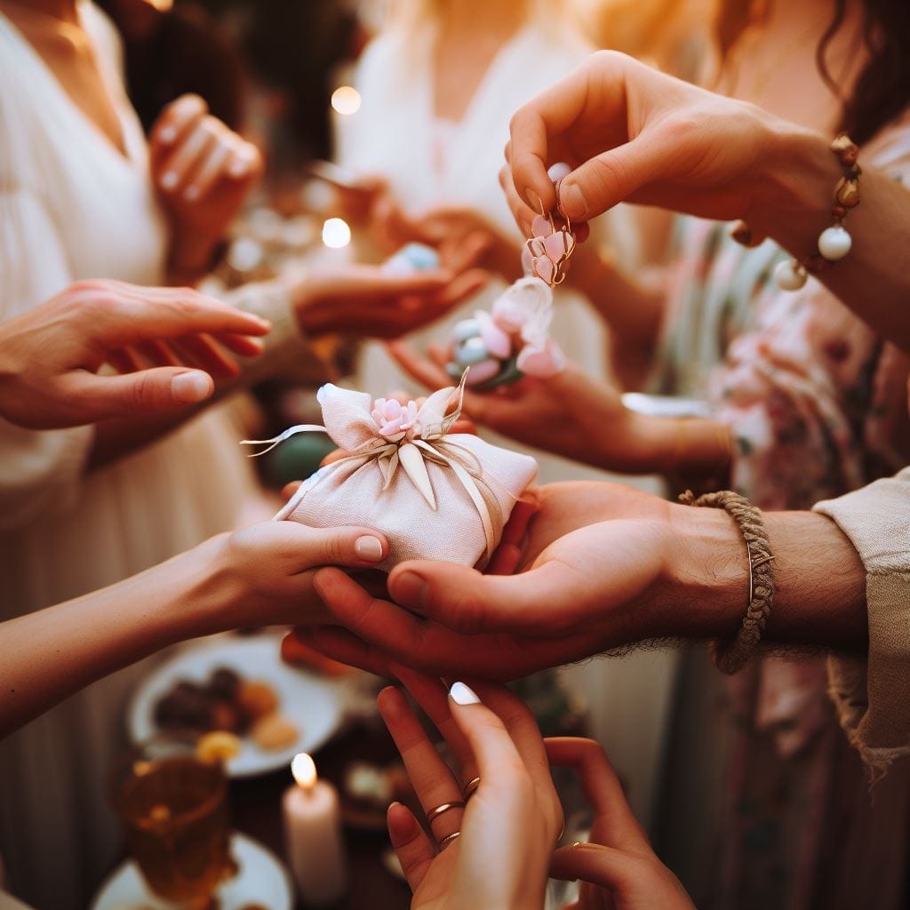 Cherished moments unfold: Learn how to say thank you for coming to my party through candid shots capturing guests receiving small gifts, emphasizing the meaningful impact of thoughtful gestures in person.