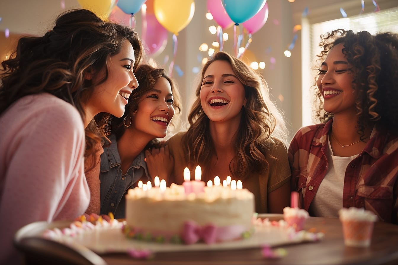 Expressing heartfelt gratitude on her birthday, a close-knit group of friends share genuine smiles and laughter, showcasing the warmth and joy that define true friendship. Discover creative ideas on how to thank your best friend on her birthday in this heartwarming image