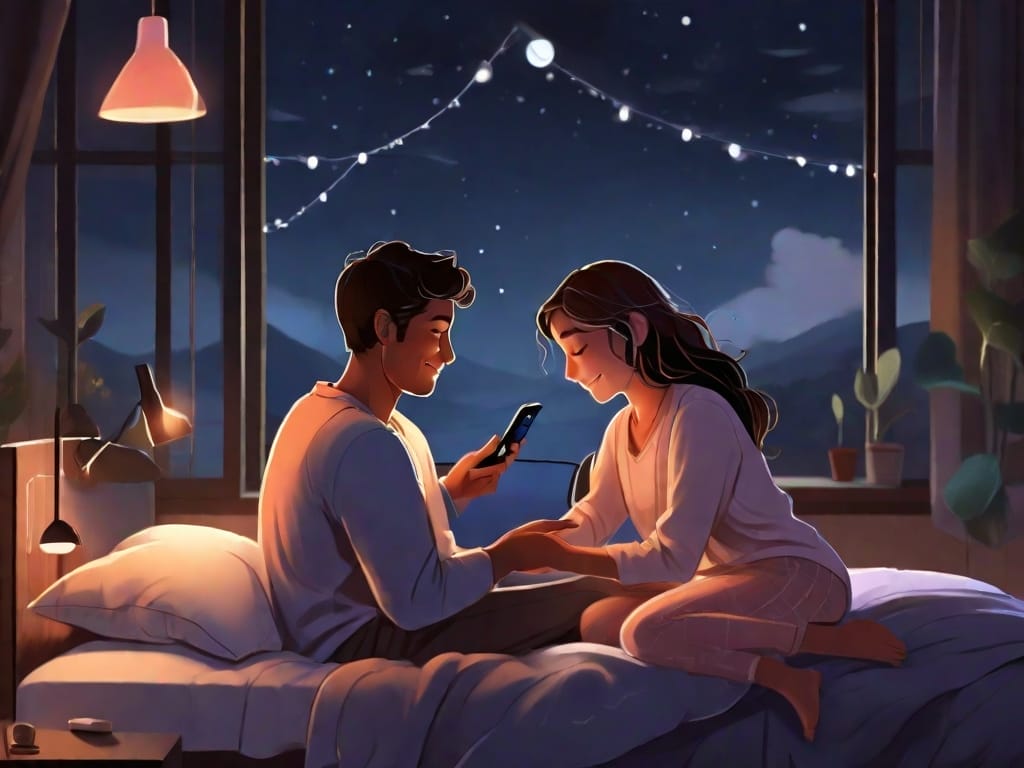 Innovative depiction of a long-distance couple asking the question: Should couples say goodnight every night through technology? Bridging physical gaps with video calls or heartfelt texts.