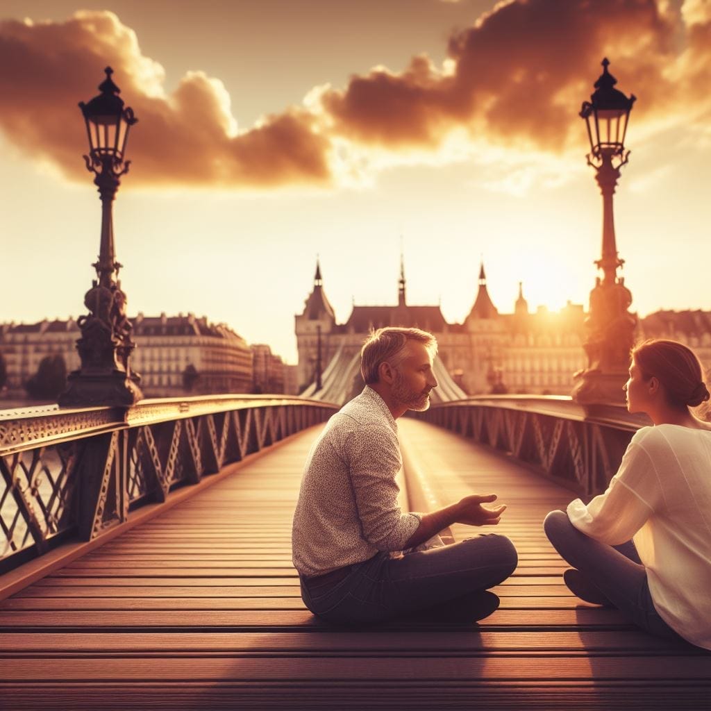 An image of two individuals engrossed in an open and honest conversation on a charming bridge. The warm and inviting setting underscores the significance of communication in relationships. Wondering, "Should I accept a girl who rejected me?" is part of this meaningful dialogue.