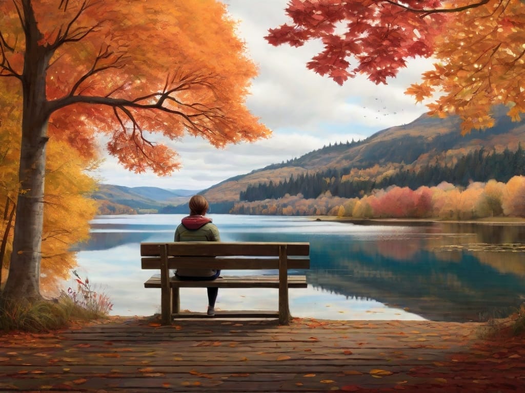 A thoughtful person sitting on a worn bench, contemplating by a serene lake, enveloped in the rich hues of autumn foliage. The reflective gaze mirrors in the calm waters, pondering the question, "Should I accept a girl who rejected me?