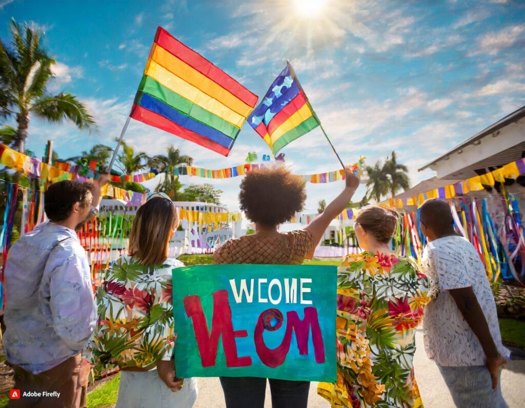 A colorful and joyous Homecoming Parade is captured in a bright picture, with members rejoicing and waving an array of colorful banners, symbolizing numerous methods to express 'welcome home.
