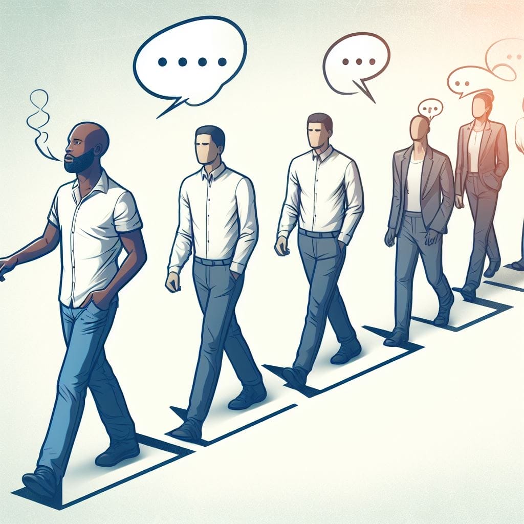 Illustrating the downsides of small communication: An immediate line of humans on a predetermined route, emphasizing the bad impact of societal norms reinforced through superficial conversations.
