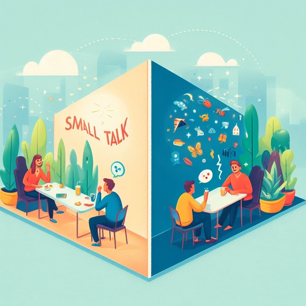 Left side of the image: "Illustration of the downsides of small talk, emphasizing the need for more substantial conversations." Right side of the image: "Vibrant discussion contrasting with the negatives of small talk, promoting meaningful interaction."