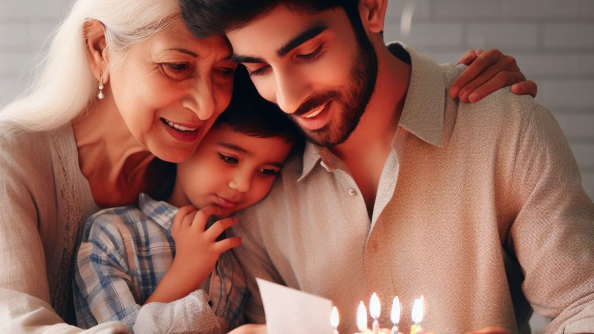 A touching birthday celebration captured in a photo, featuring a parent and their son sharing a heartfelt moment as they read or exchange warm birthday wishes. The genuine connection and love between them are beautifully portrayed in this special image.
