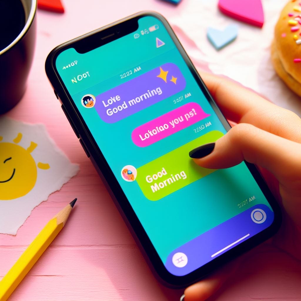 A crystal-clear image displaying the screen of a smartphone featuring a lively and endearing text conversation that playfully inquires, 'What do you reply to good morning?' The exchange is filled with adorable emojis and cheerful language, setting a flirtatious and engaging tone for the day ahead.