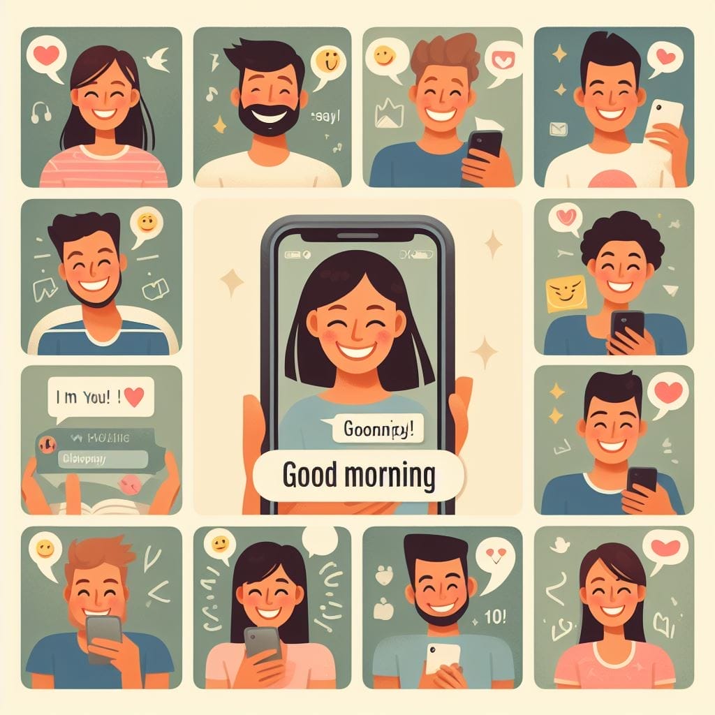A captivating collage presenting a series of cheerful individuals engaging with their personalized 'What Do You Reply to Good Morning' texts, radiating joy and positive responses. This image illustrates the profound impact of warm morning interactions, as happy faces light up in response to heartfelt greetings.