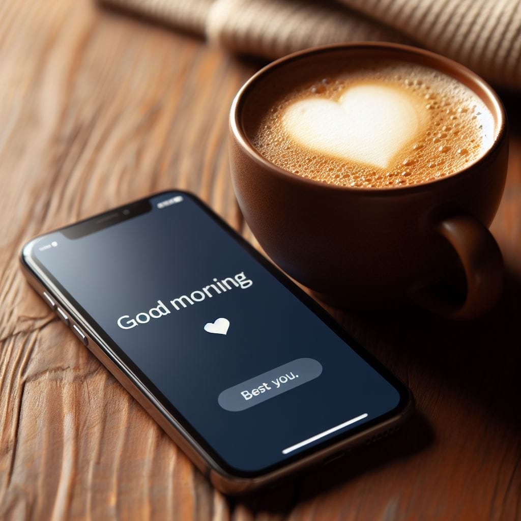 Cozy Morning Scene: Close-up of Coffee or Tea with a Thoughtful 'Good Morning' Message on a Phone