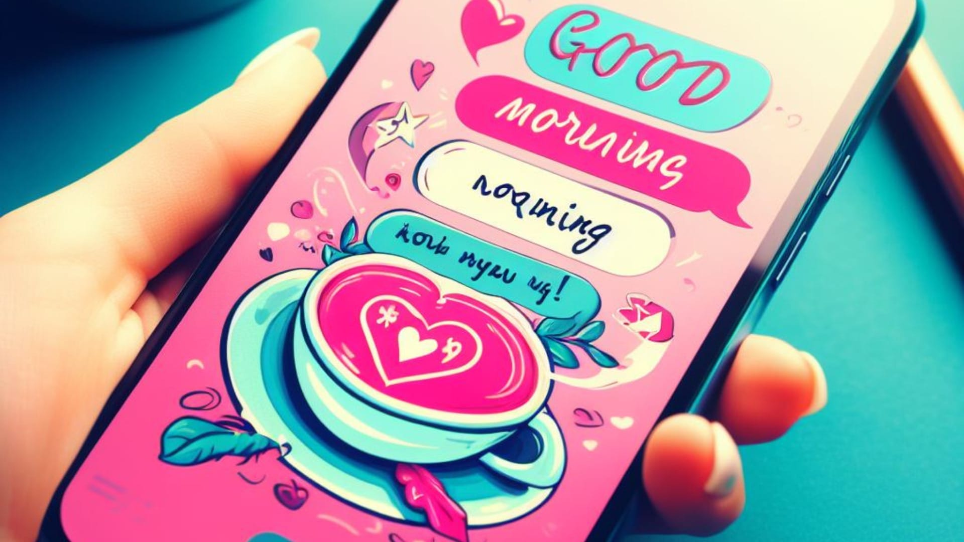 A vivid image showcasing a smartphone screen displaying an animated and affectionate 'what do you reply to good morning' text conversation. The conversation sets a charming and flirtatious tone for the day, filled with joyful words and affectionate emojis.